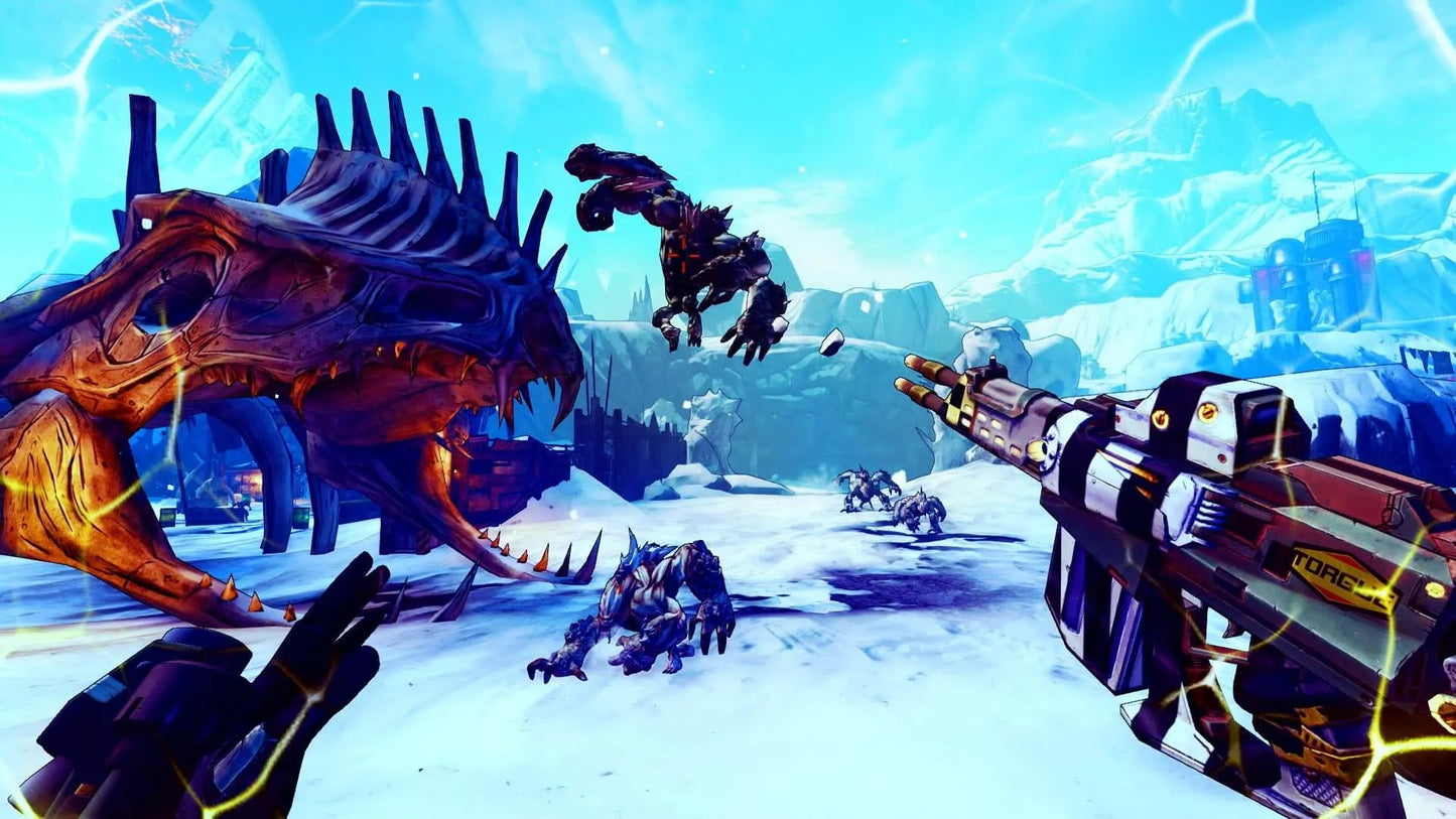 Frozen landscape with a large creature and a futuristic gun, likely from a video game or animated film.