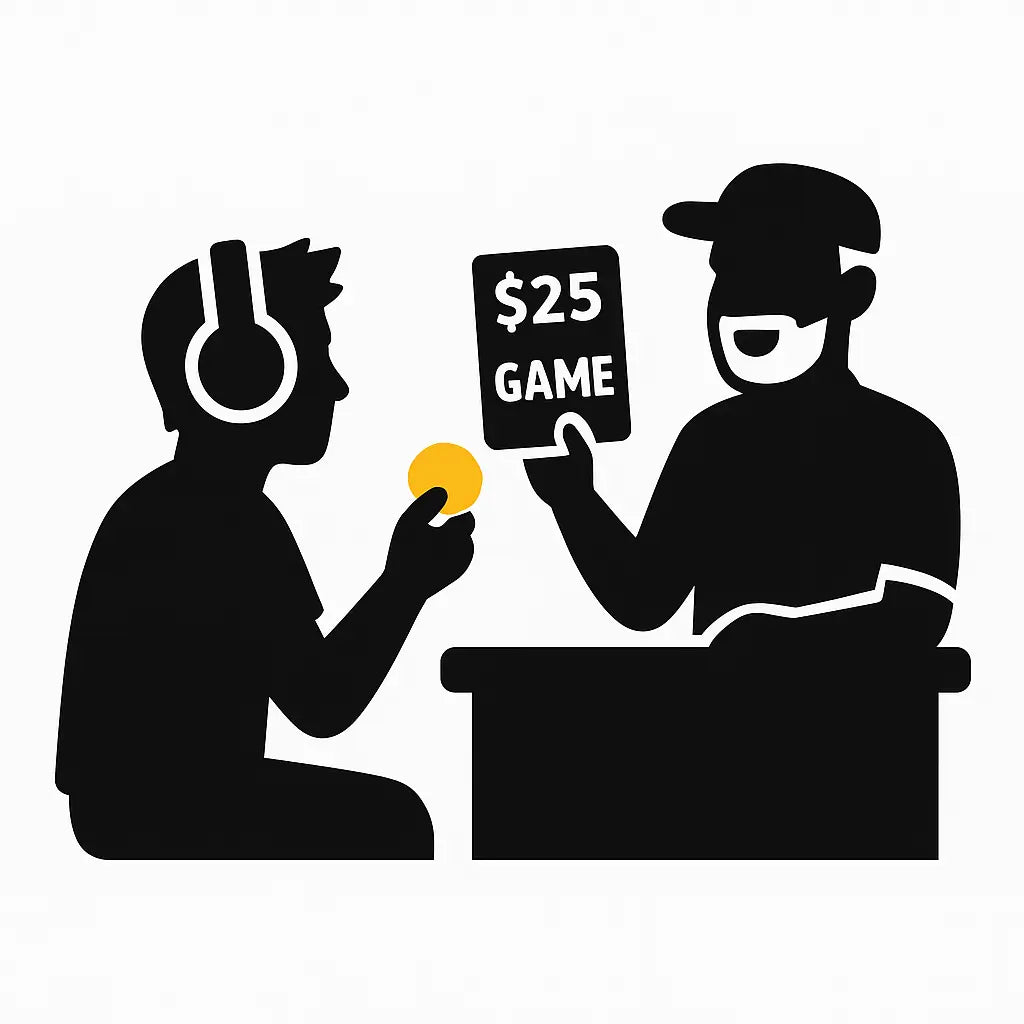 Black silhouette of a person with headphones giving a $25 game card to another person on a white background