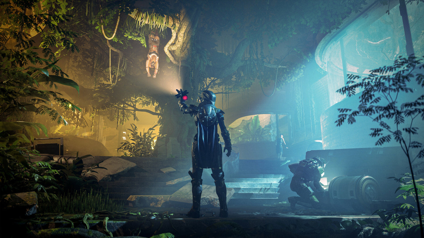 Character in futuristic armor standing in a sci-fi environment with advanced technology and greenery.