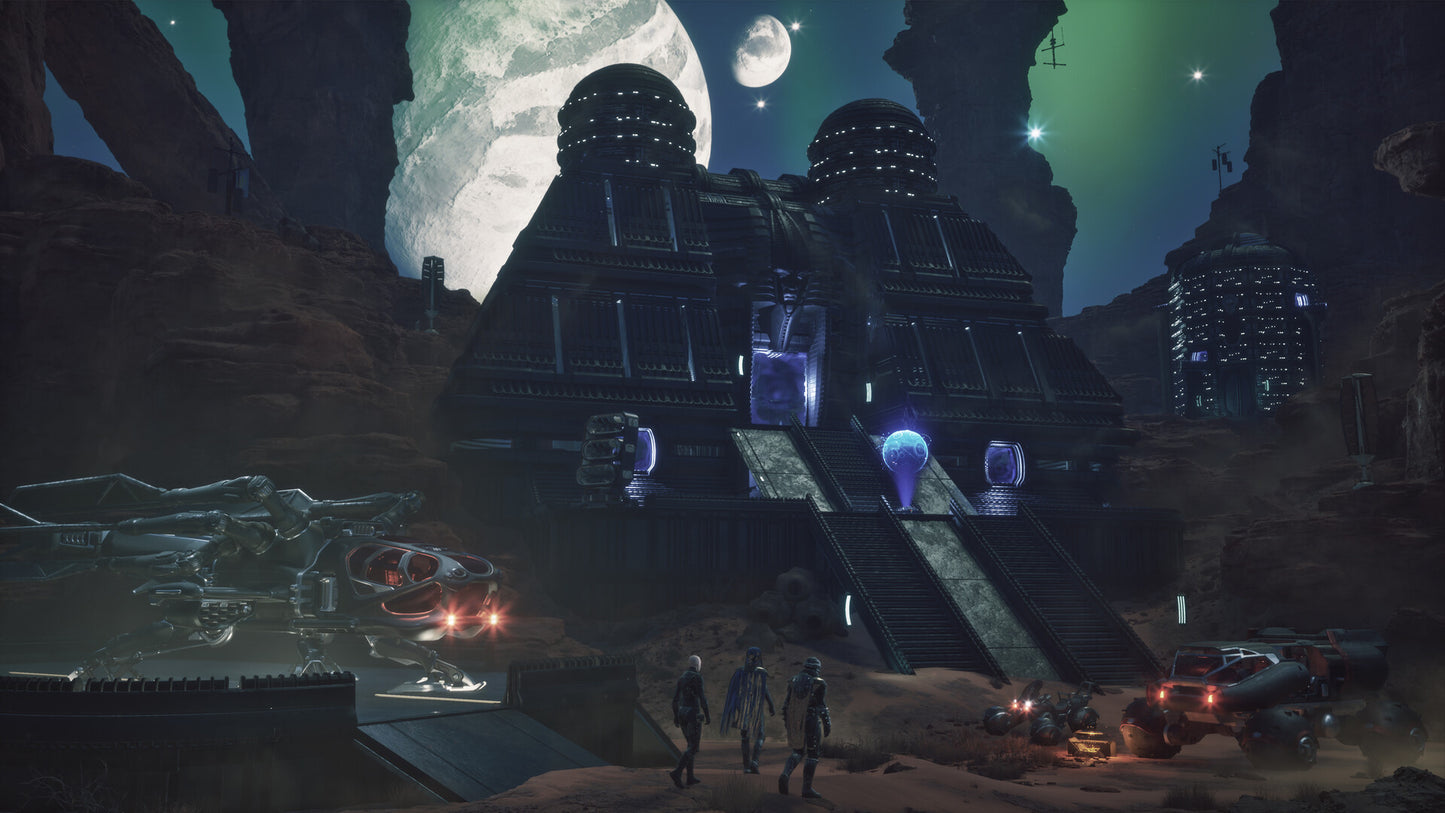 Sci-fi scene with futuristic architecture, vehicles, and characters on a planet.