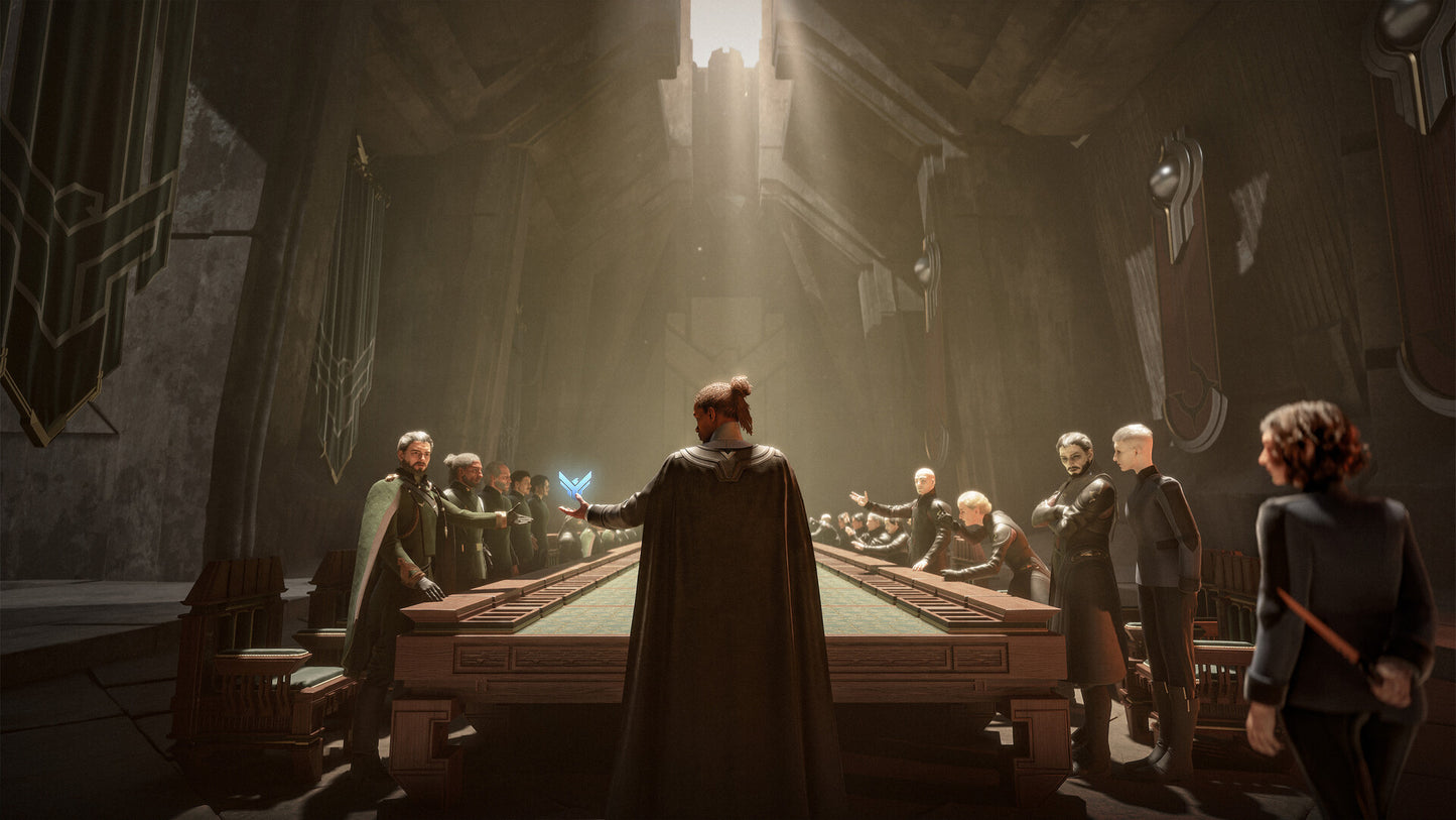 Group of people in a dimly lit room with a central figure holding a glowing object.