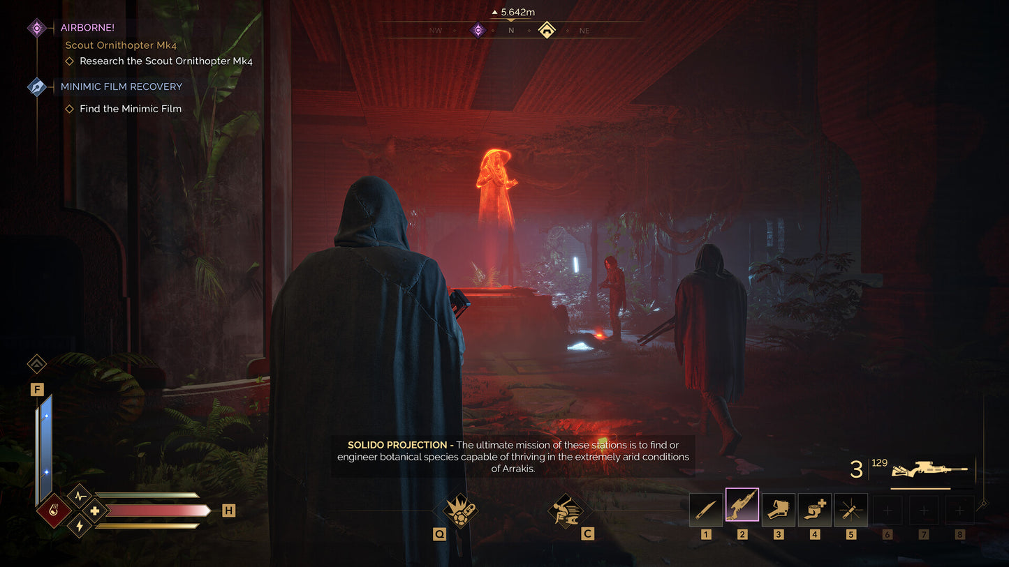 Character in a dark, futuristic setting with red lighting and a glowing figure in the distance.