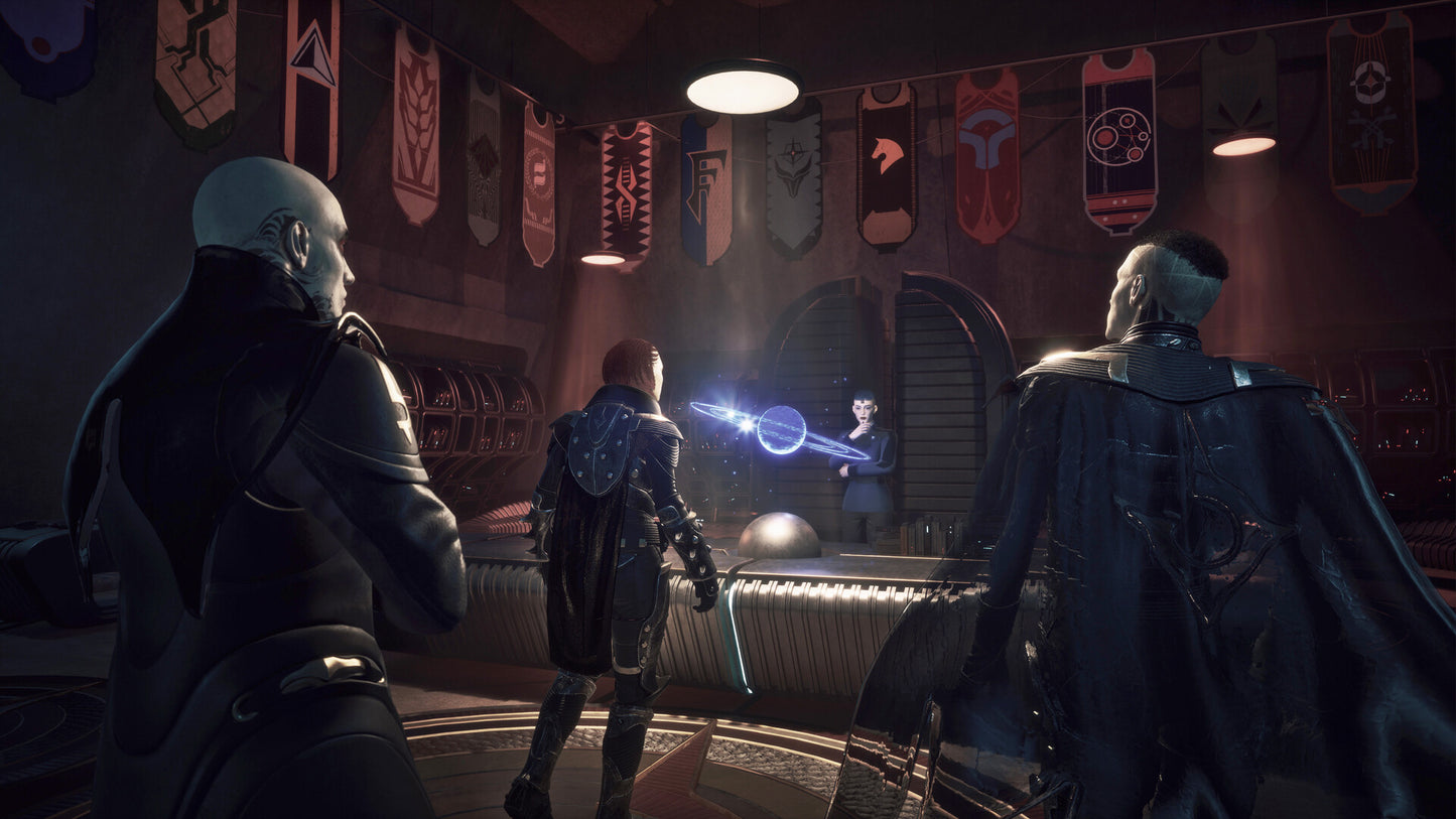 Three characters in a dimly lit room with banners on the wall