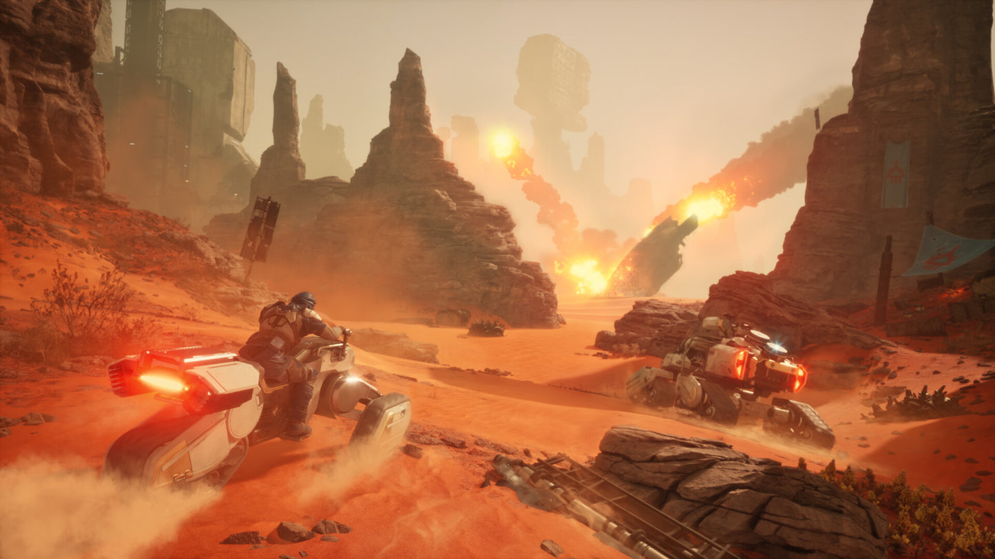 Desert landscape with futuristic vehicles and explosions