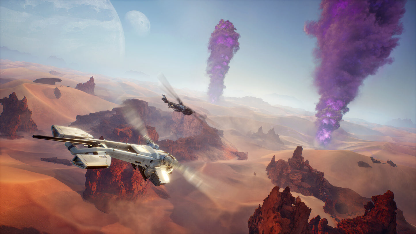 Sci-fi spaceship flying over a desert landscape with purple smoke in the background