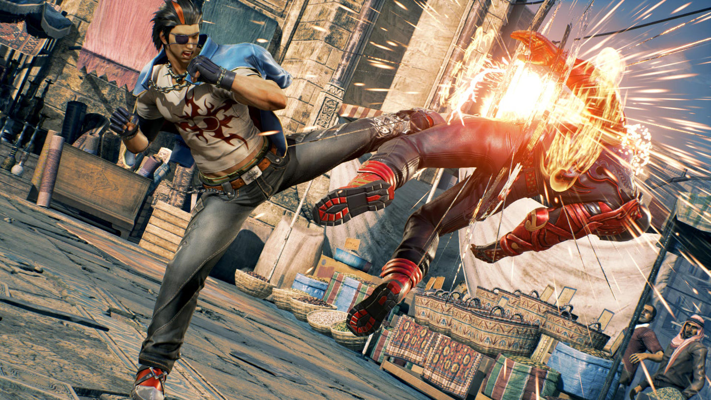 Two characters in a dynamic fight scene with one character in red and orange powers on an urban rooftop.