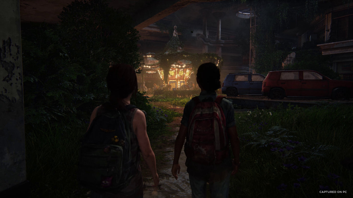 Two characters walking towards a glowing building in a dark, post-apocalyptic setting.