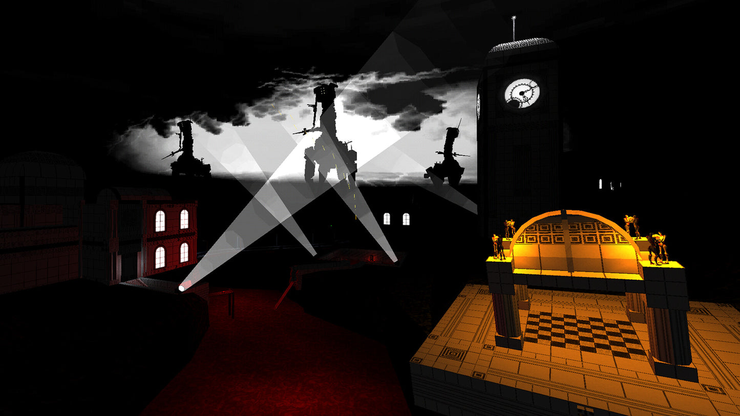 Dark, atmospheric scene with a clock tower and illuminated door at night.