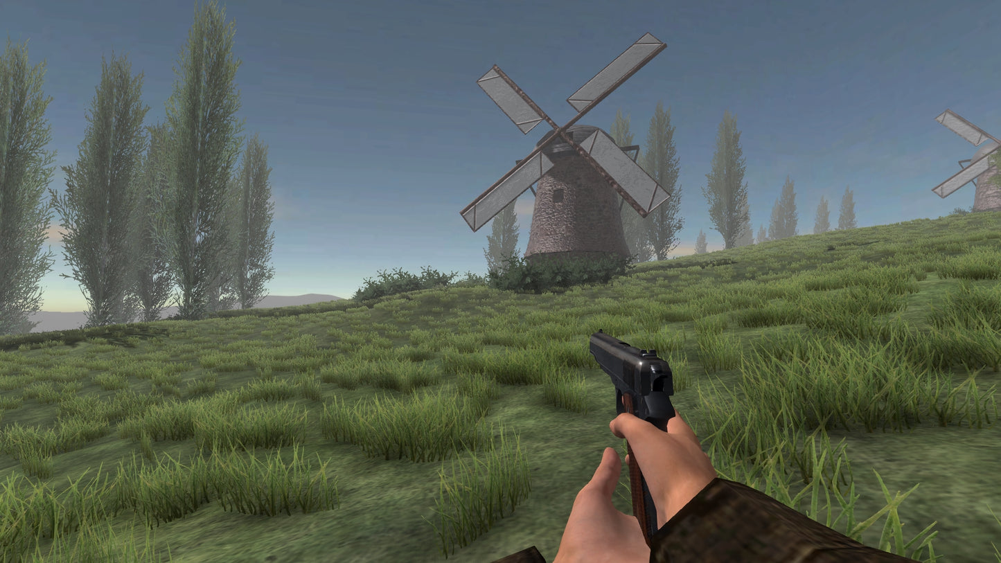First-person view of a gun held in a grassy field with windmills in the background