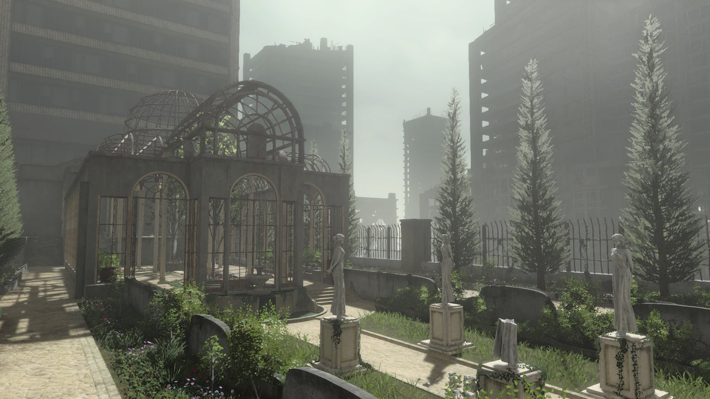 Ruined greenhouse structure in an urban setting with tall buildings and overgrown plants.