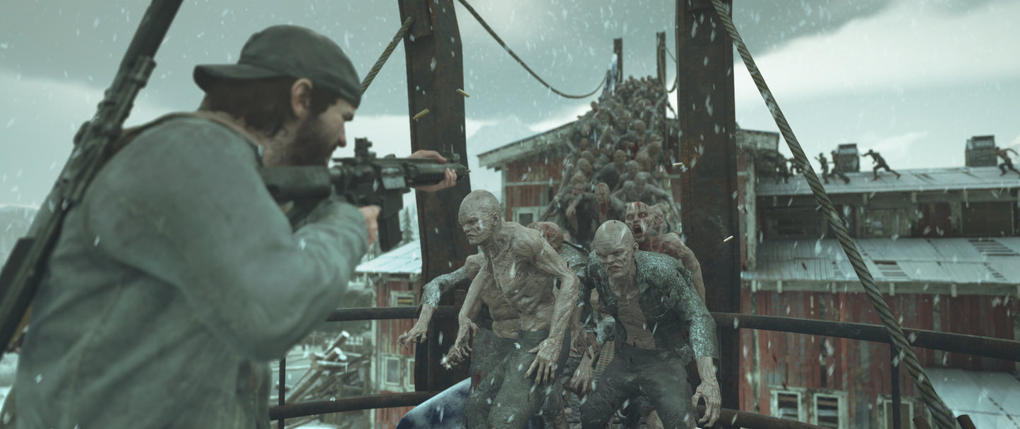 Person with a camera filming zombies on a bridge