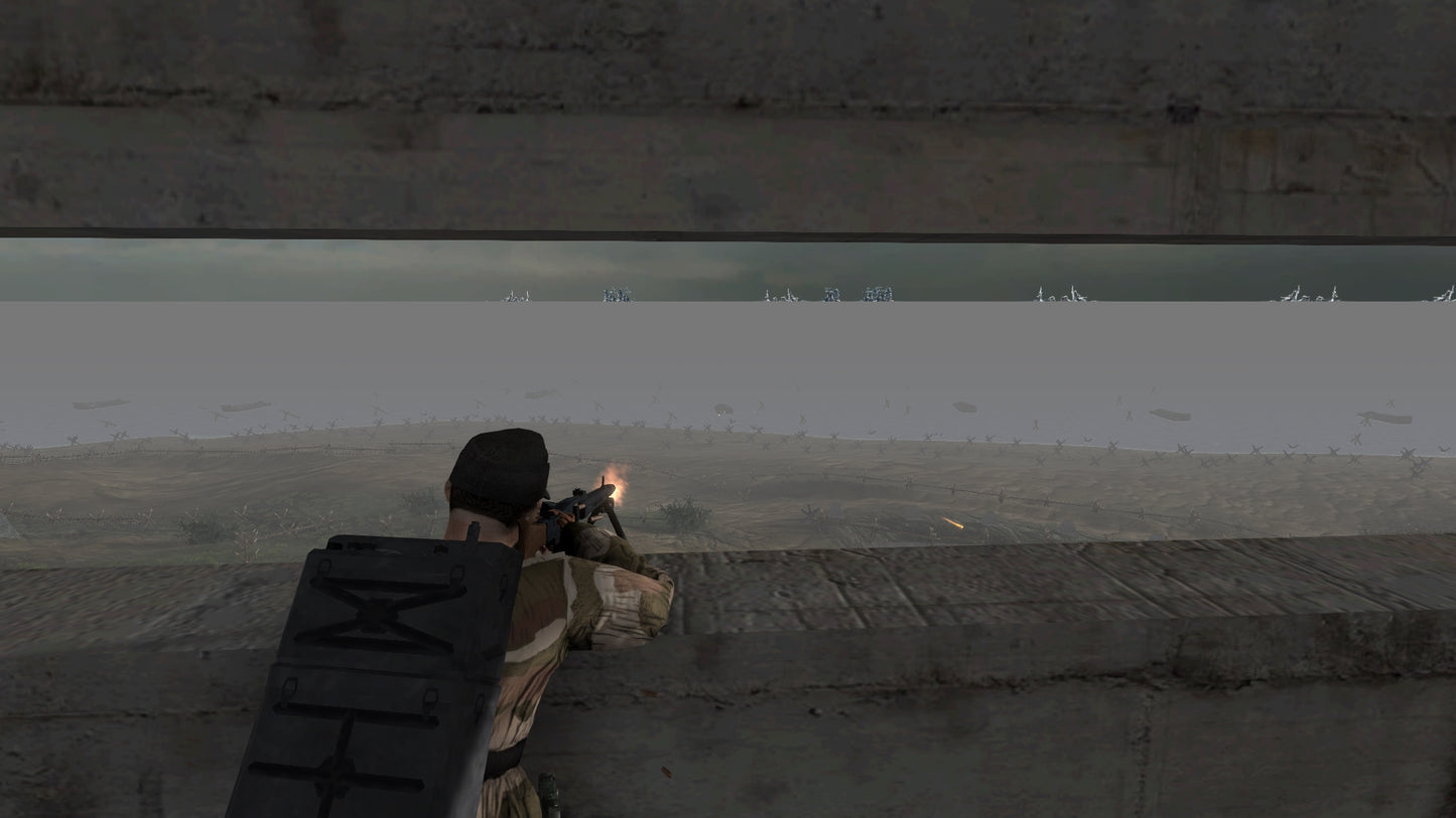 Character in a video game aiming a weapon from behind a wall.