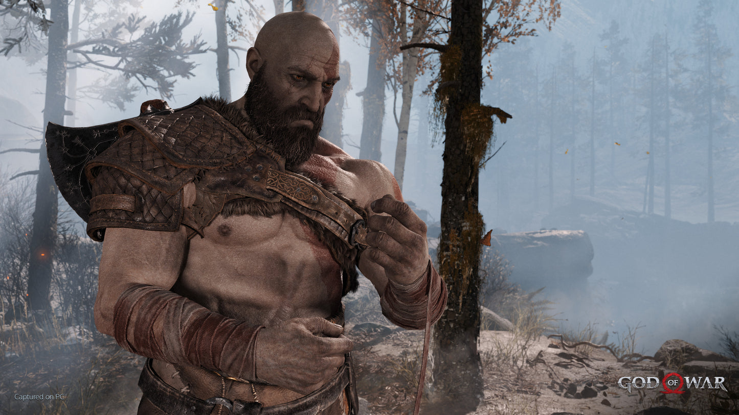 Character in warrior attire standing in a forest with 'God of War' logo.