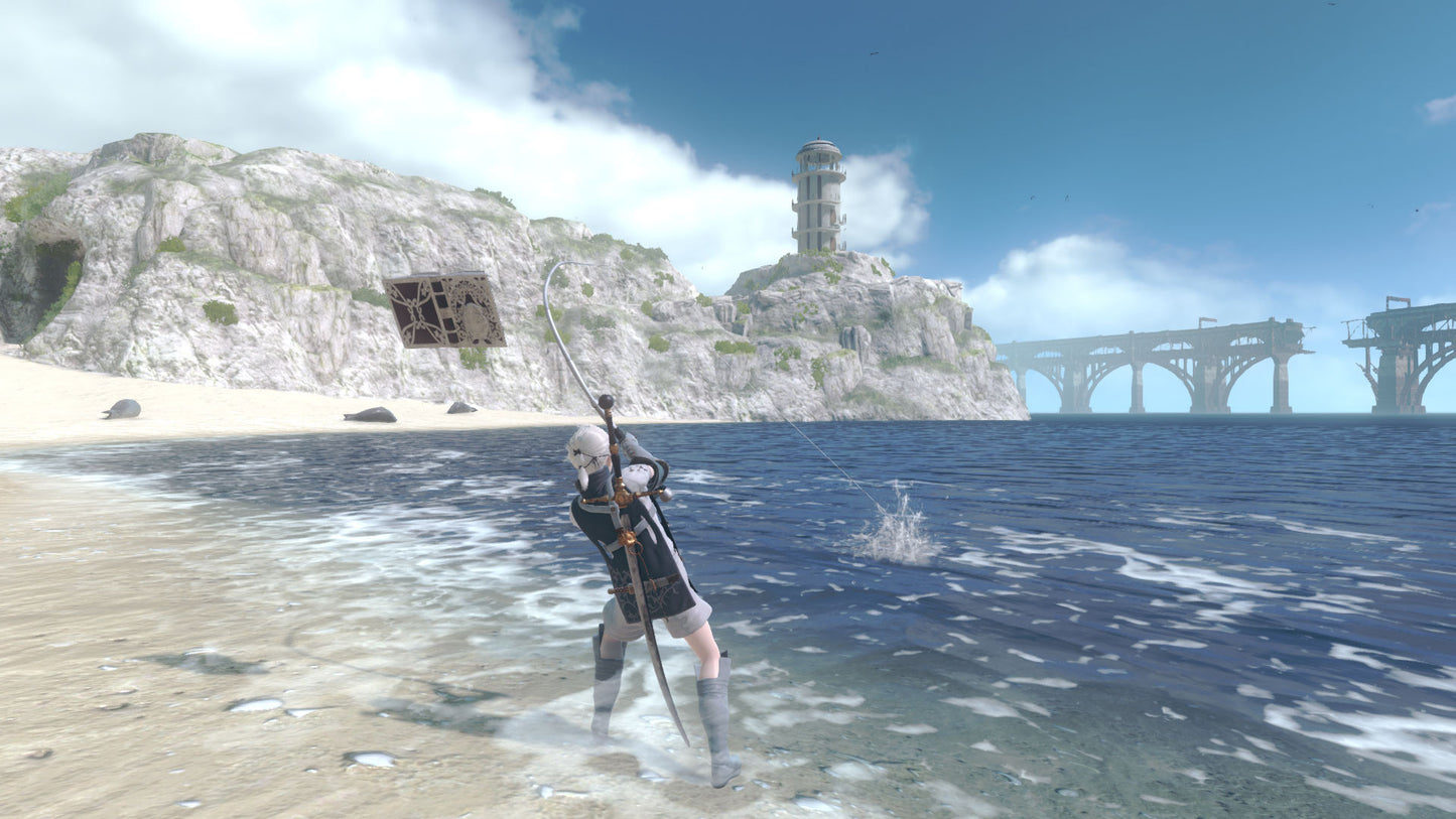 Character standing on a beach with a mountainous landscape and a tower in the background