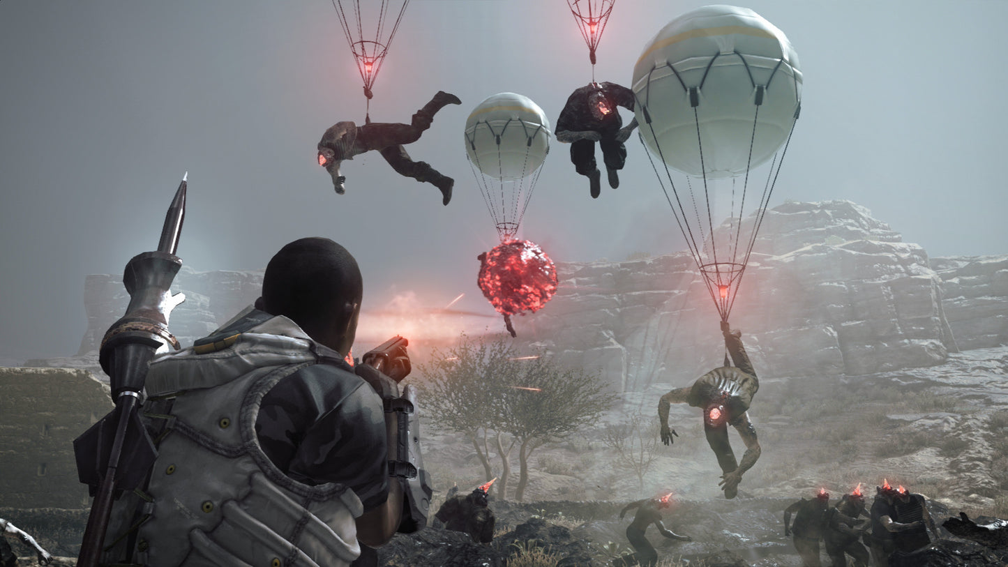 Character parachuting from balloons with red flares in a mountainous landscape