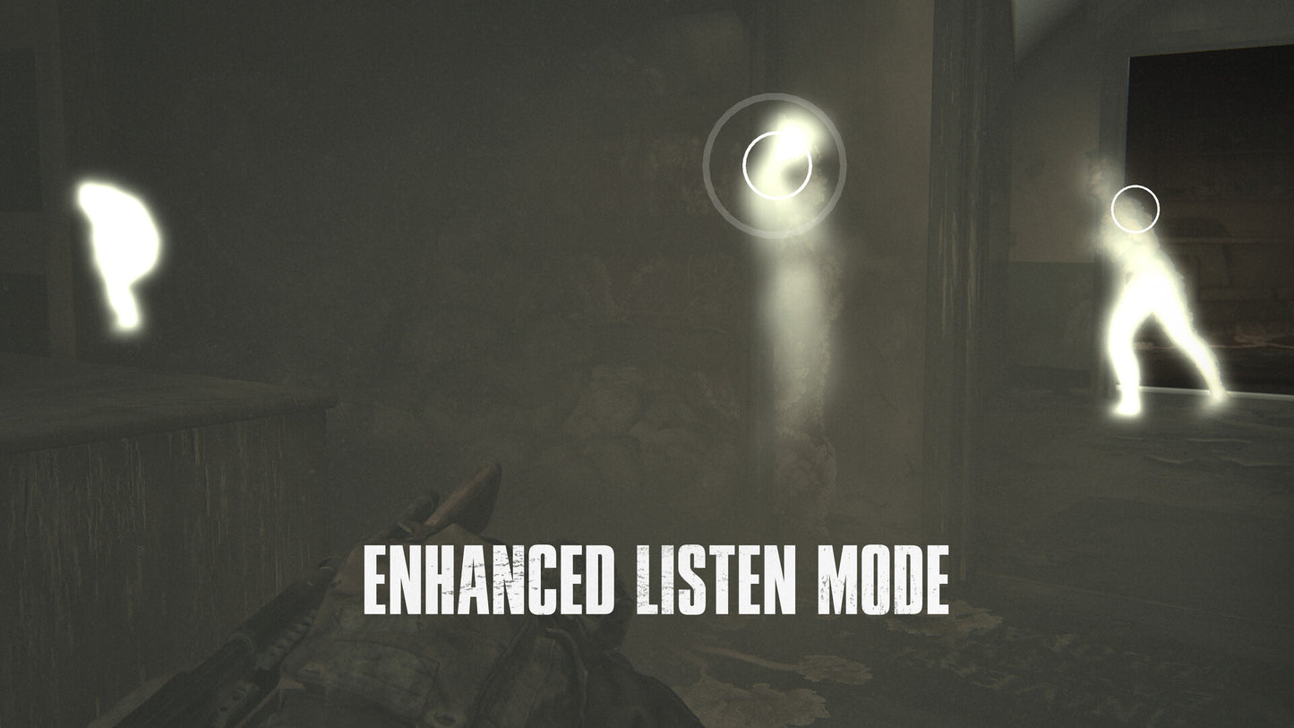 Dark room with ghostly figures and text 'Enhanced Listen Mode' on a black background