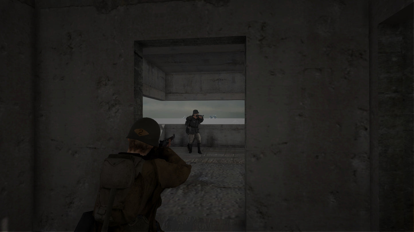 Character in a video game aiming through a doorway at another character in an open area.