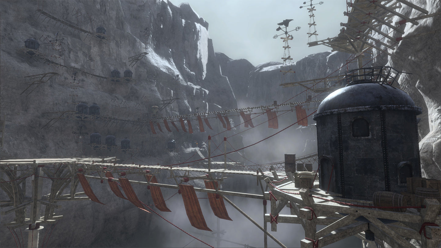Snowy mountain landscape with a futuristic structure and flags