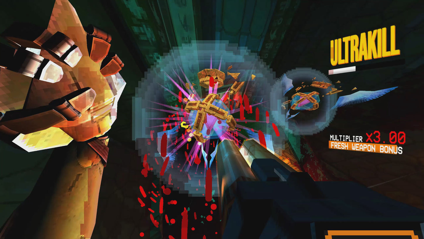 Action-packed scene from a video game with colorful explosions and text indicating 'Ultrakill'.