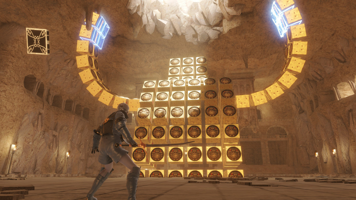 Character in a futuristic, ornate chamber with glowing panels and statues.