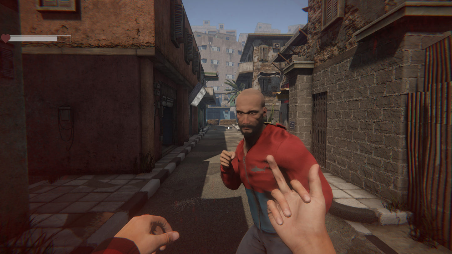 Gameplay scene from a first-person perspective in an urban setting