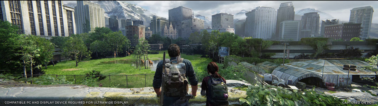 Two characters walking through a lush, green park with a cityscape in the background