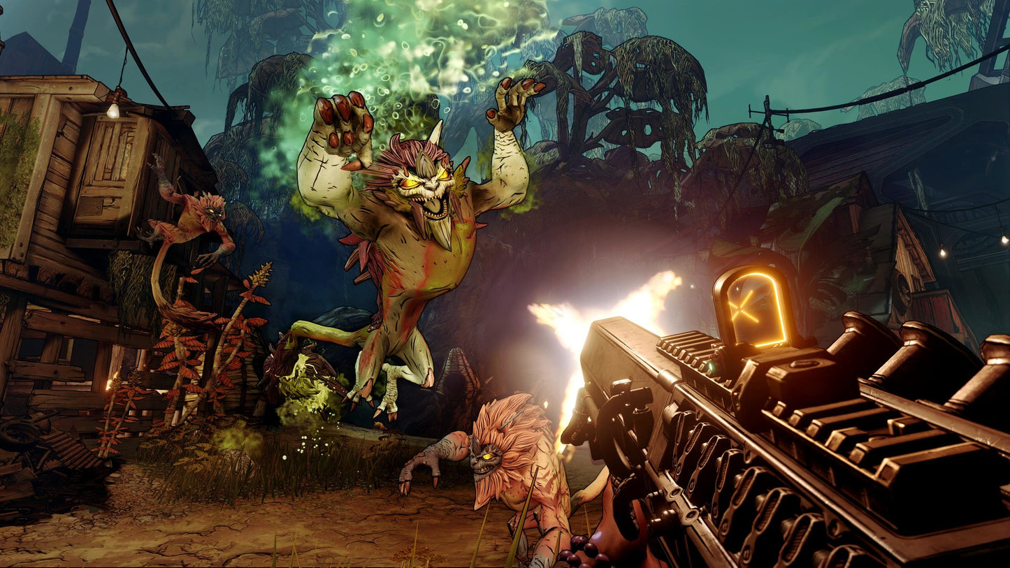 Fantasy scene with a large creature, a gun, and other elements in a dark, eerie setting.