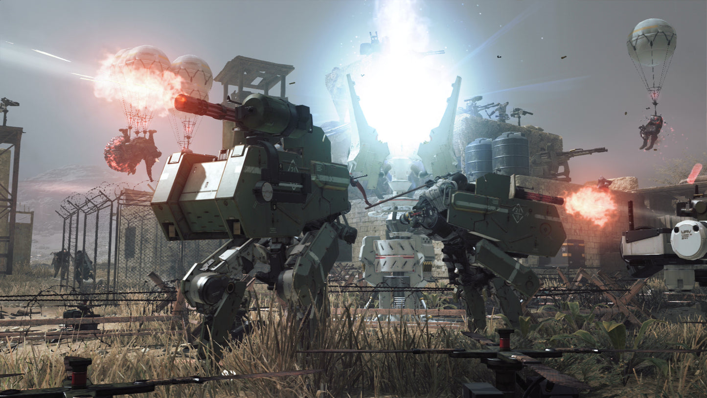 Two large robots in a battle scene with explosions and a hot air balloon in the background.