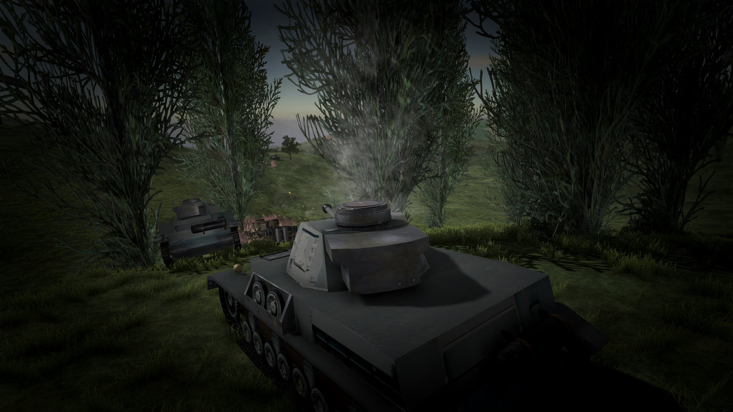 Tank in a forest setting with a dark and eerie atmosphere