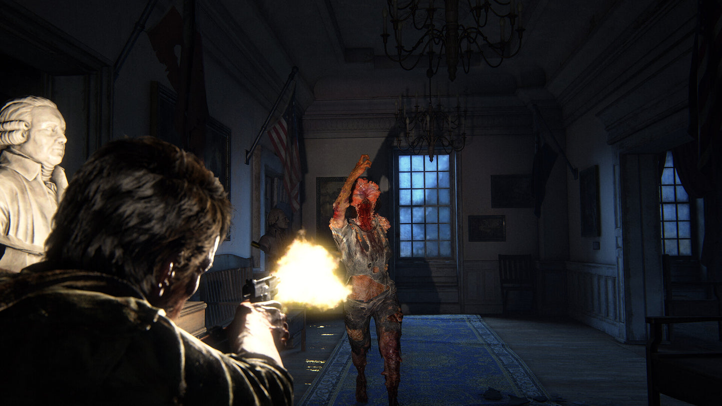 Character holding a gun in a dimly lit room with another character in the foreground