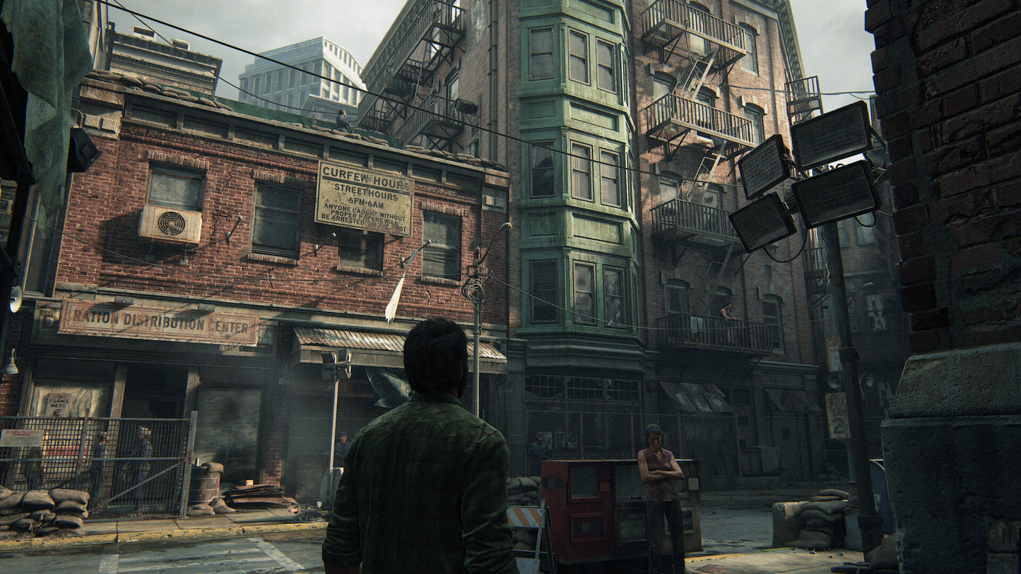 Post-apocalyptic urban scene with dilapidated buildings and a person walking away.