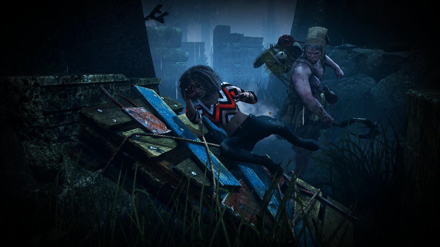 Two characters in a dark, eerie landscape with a blue platform and a figure in the background.