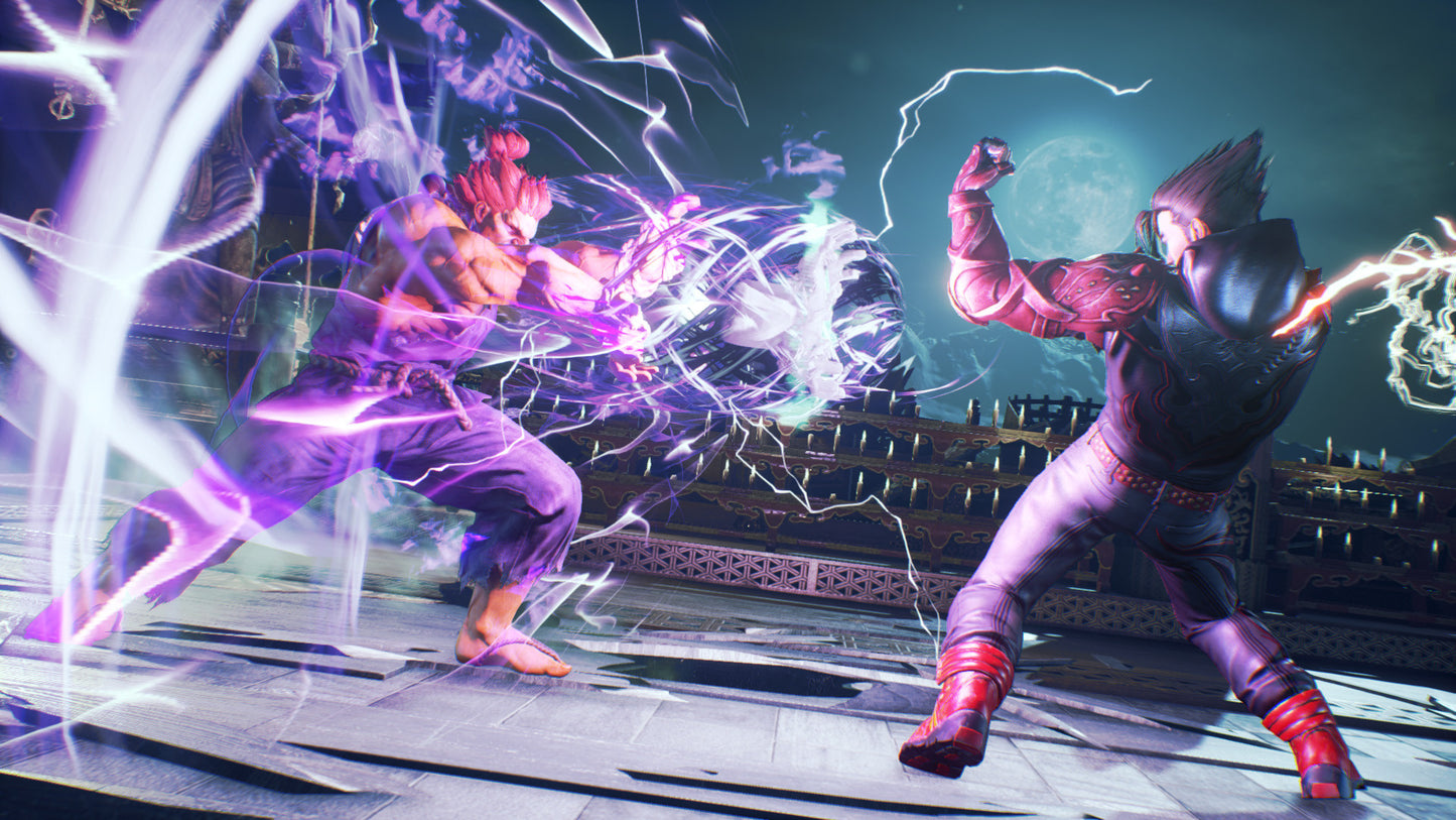 Two animated characters in a fighting pose with energy effects on a cityscape background
