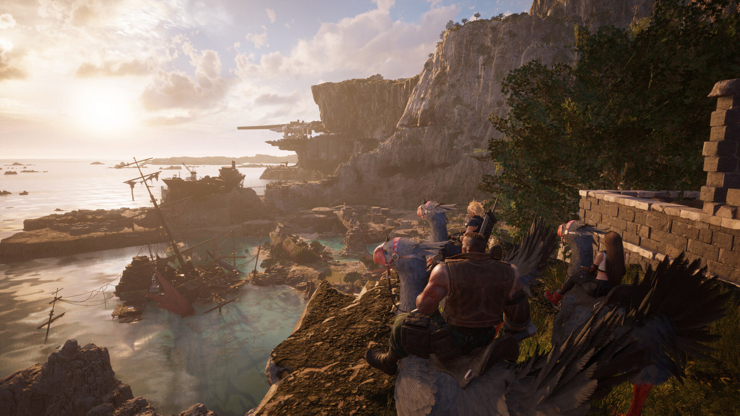 Group of characters overlooking a coastal scene with ships and cliffs.