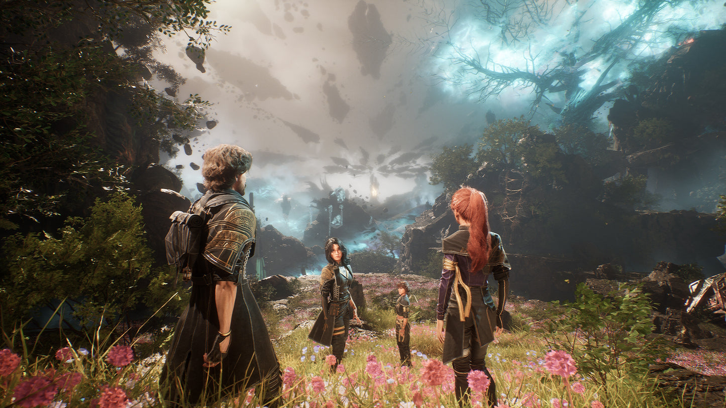 Four characters in a fantasy setting with a large mountain and mystical sky.