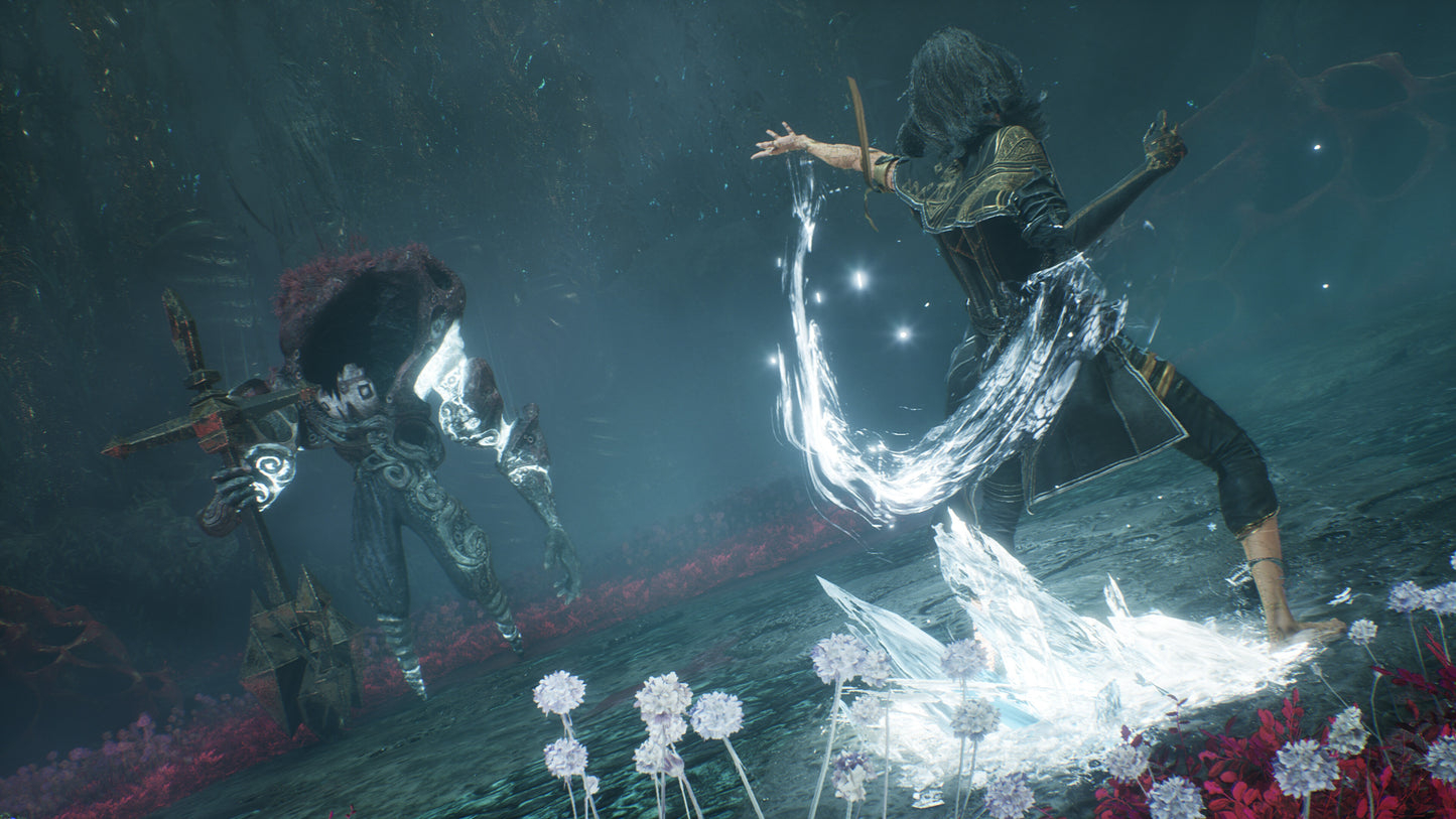 Two characters in a dark, fantasy setting with one casting a spell.