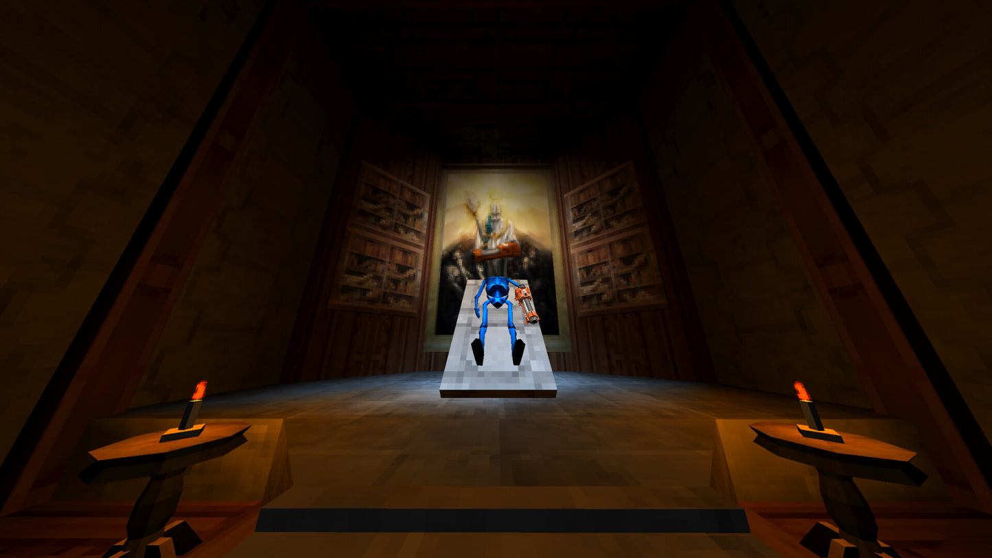 Dark room with a glowing figure on a pedestal, candles on either side, and a bookshelf in the background.