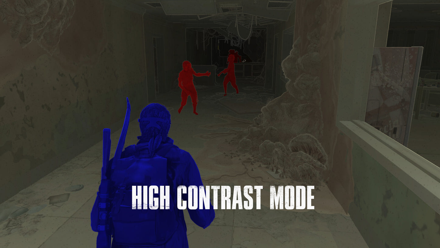 Gameplay scene with a character in blue and red enemies in a tunnel, labeled 'High Contrast Mode'.
