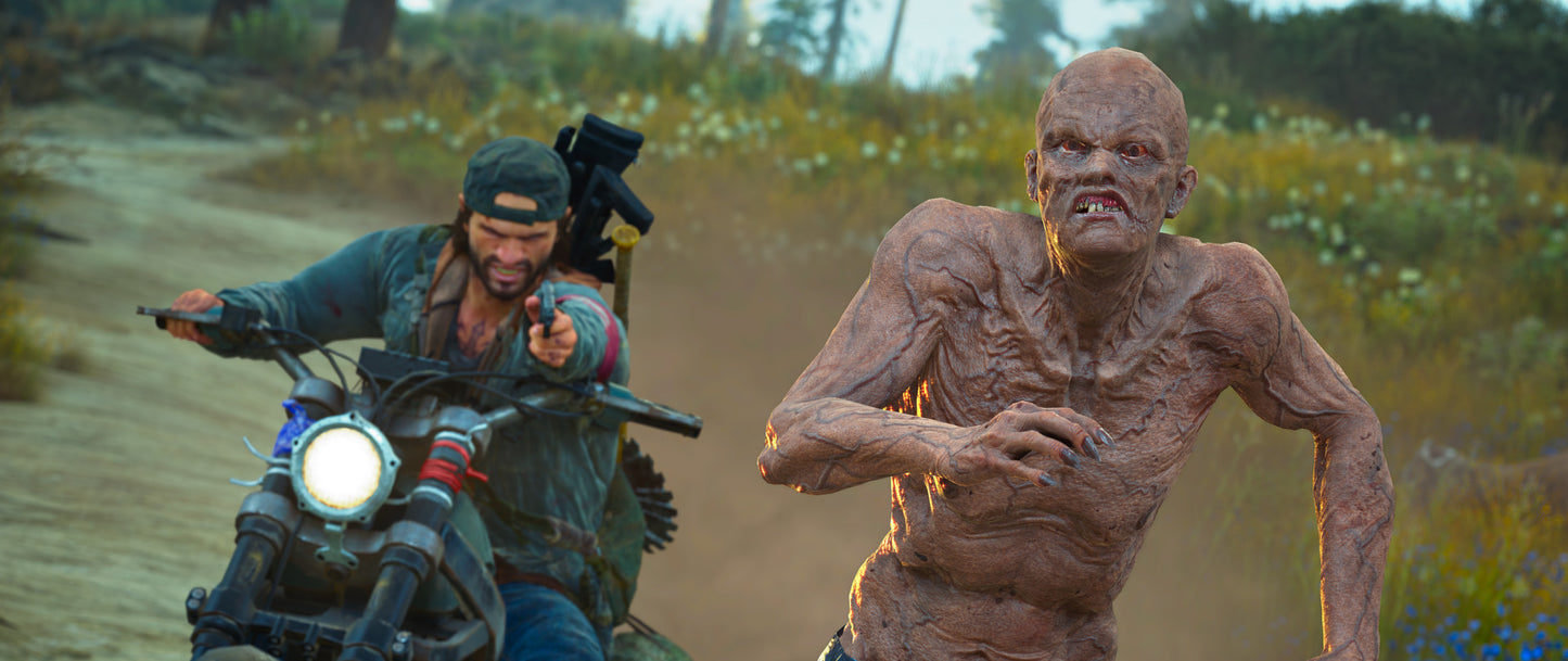Person on a motorcycle with a gun, facing a zombie-like creature in a natural setting.
