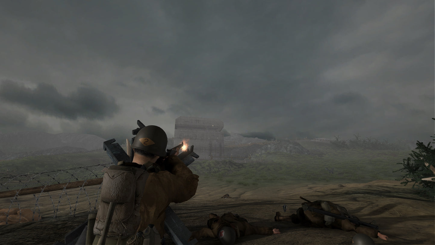 Character in a military uniform with a rifle, standing on a battlefield with a cloudy sky.