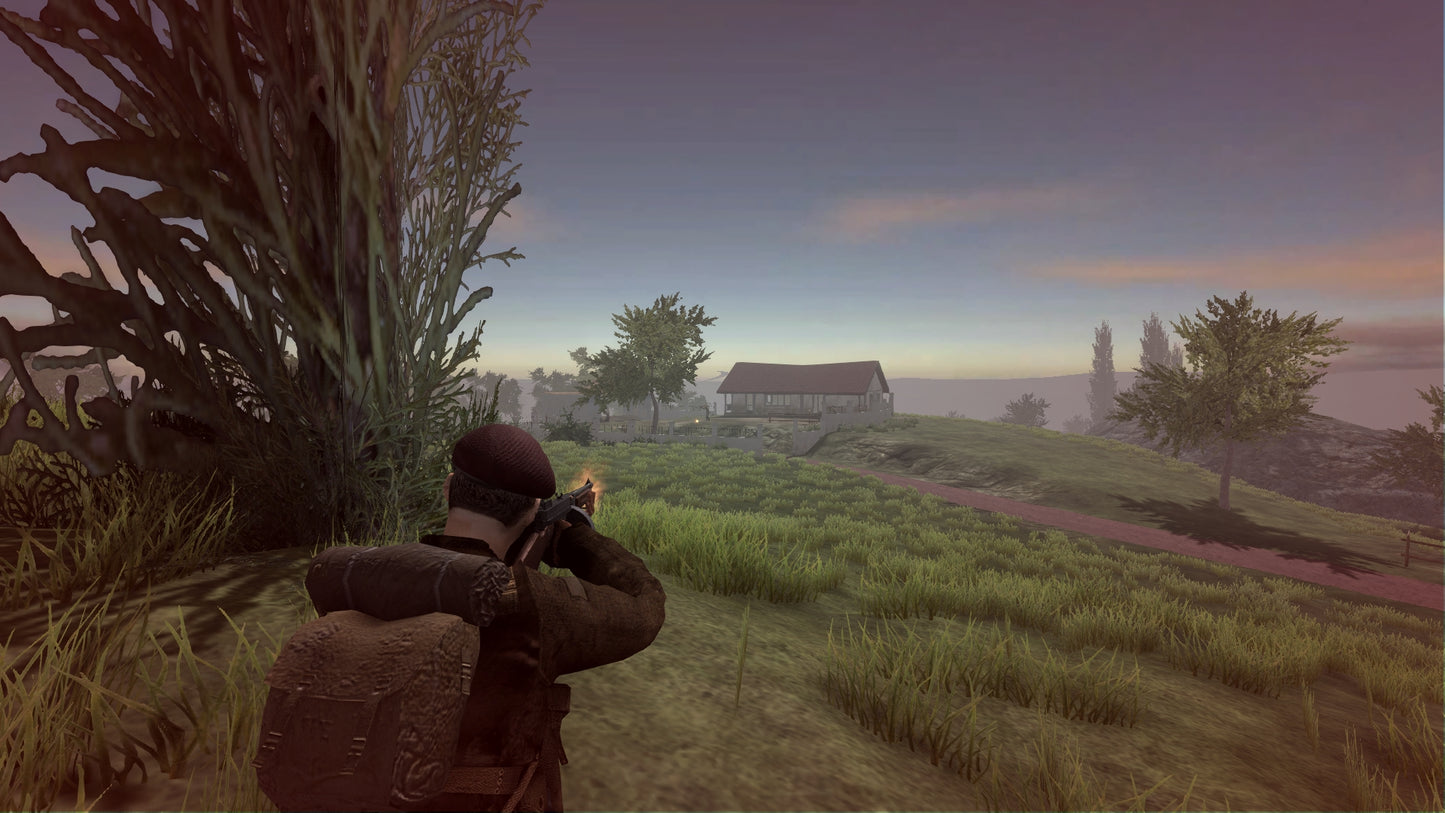 Character in a brown coat aiming a rifle in a grassy field with trees and a building in the background.