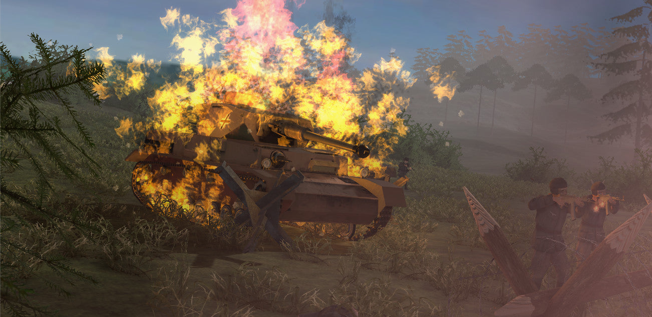 Tank engulfed in flames with two figures observing in a forest setting
