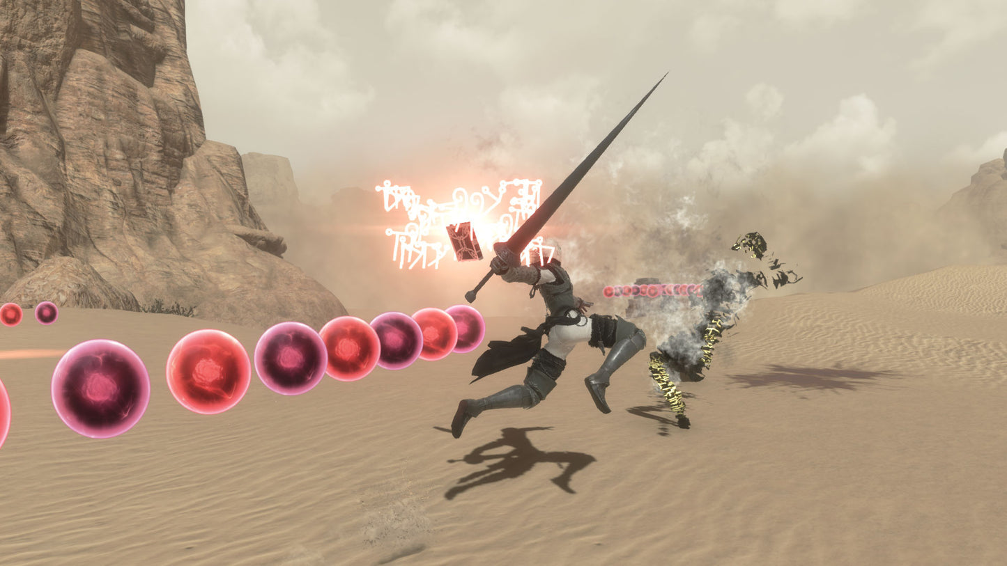 Combat scene in a desert with characters and health bars on a screen