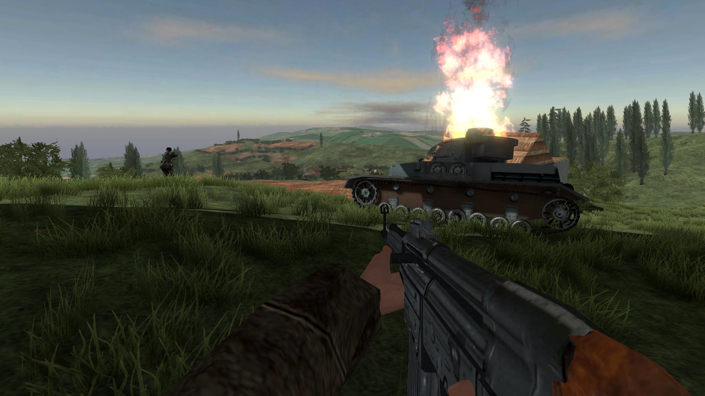 Tank battle scene in a video game with explosions and a gun held by the player.