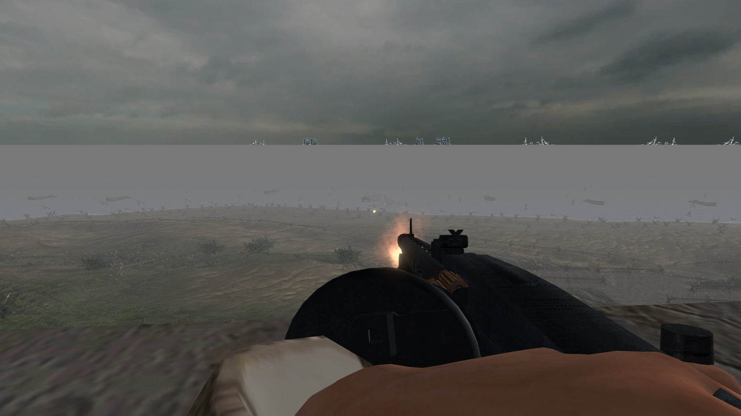 First-person view from a tank looking over a landscape with ships on the horizon.