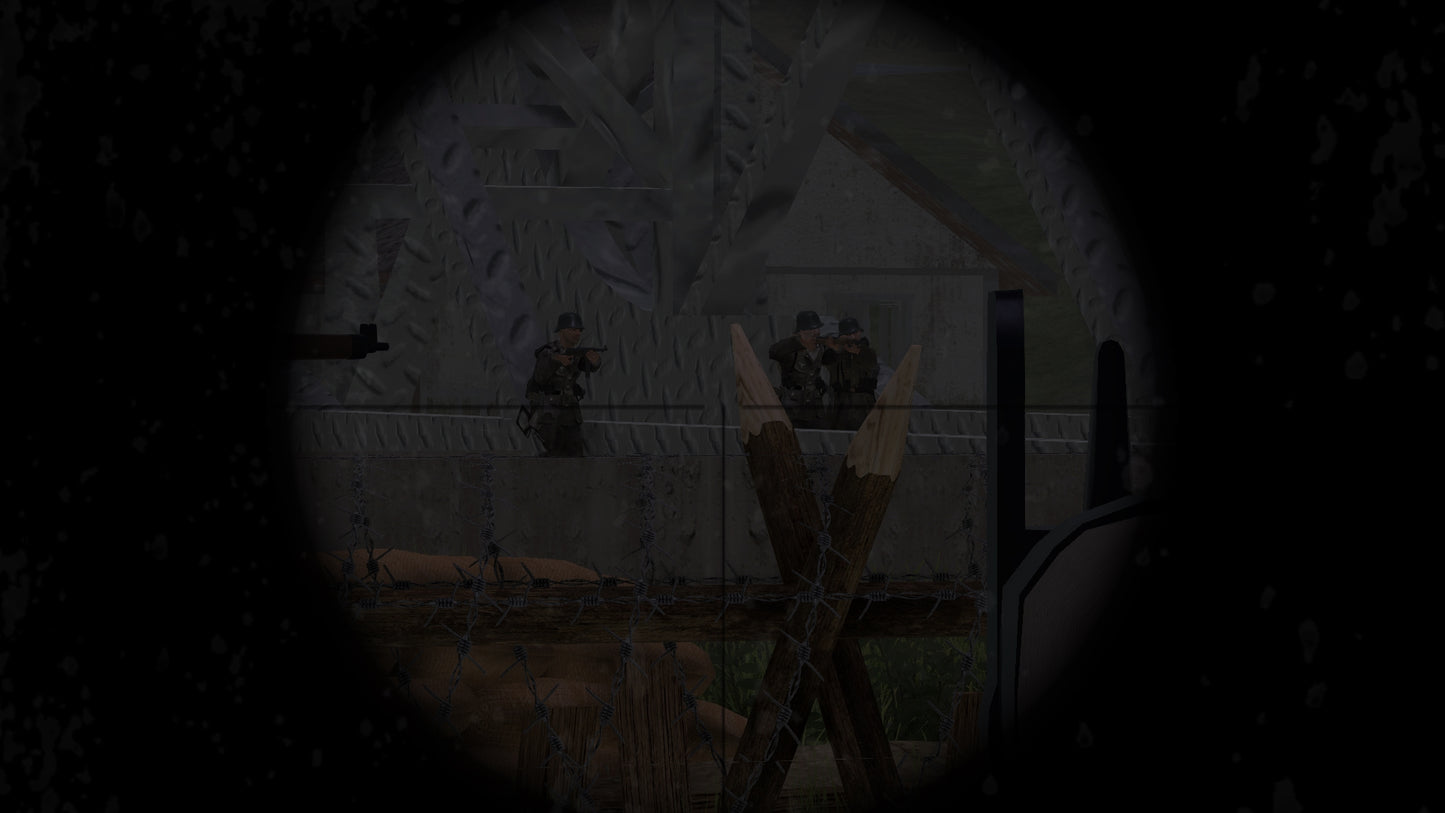 Dark, grainy image of a person holding a rifle with a crosshair aiming at a target.
