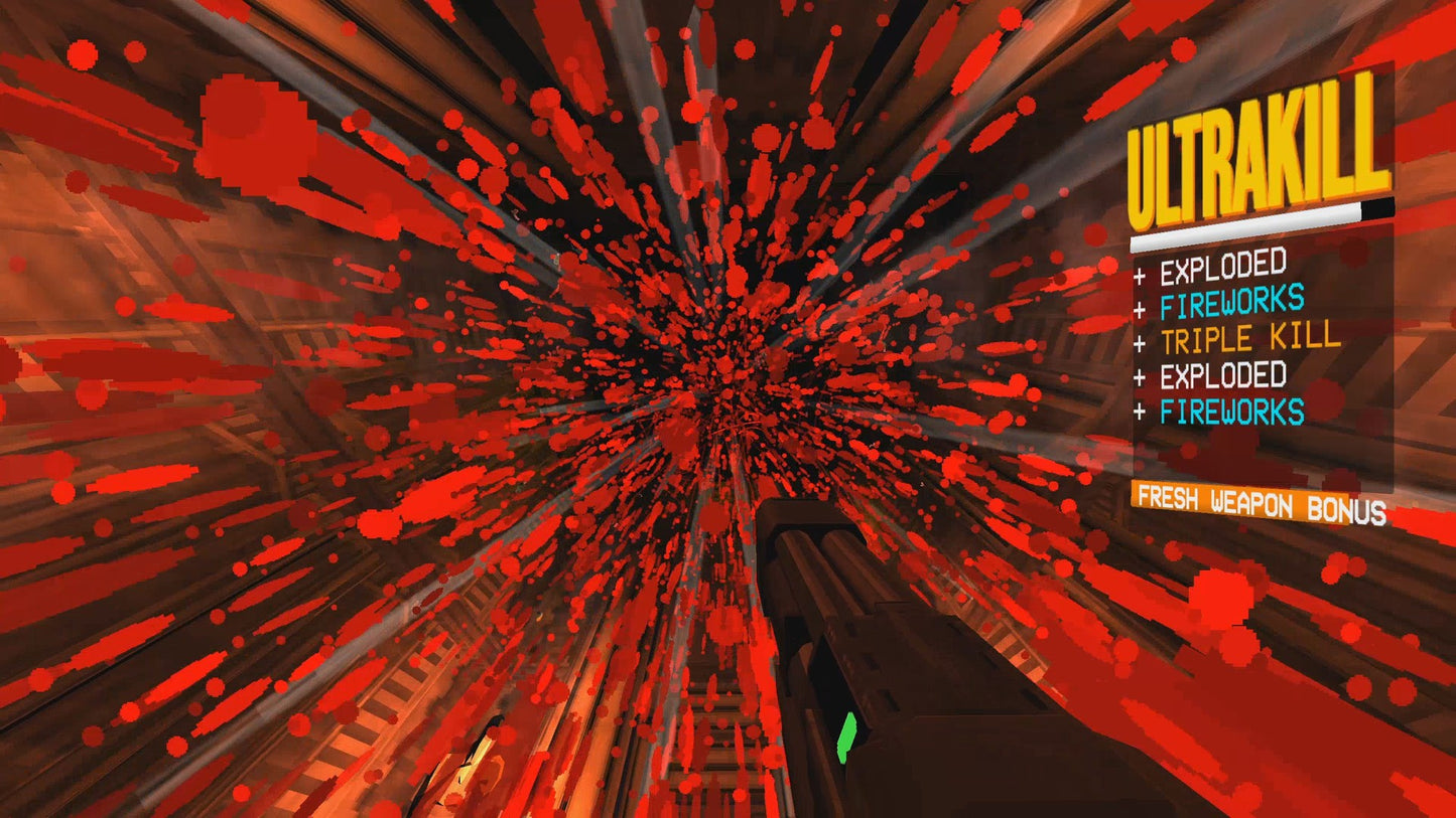 Game screen with red explosion effects and 'Ultrakill' text on a dark background