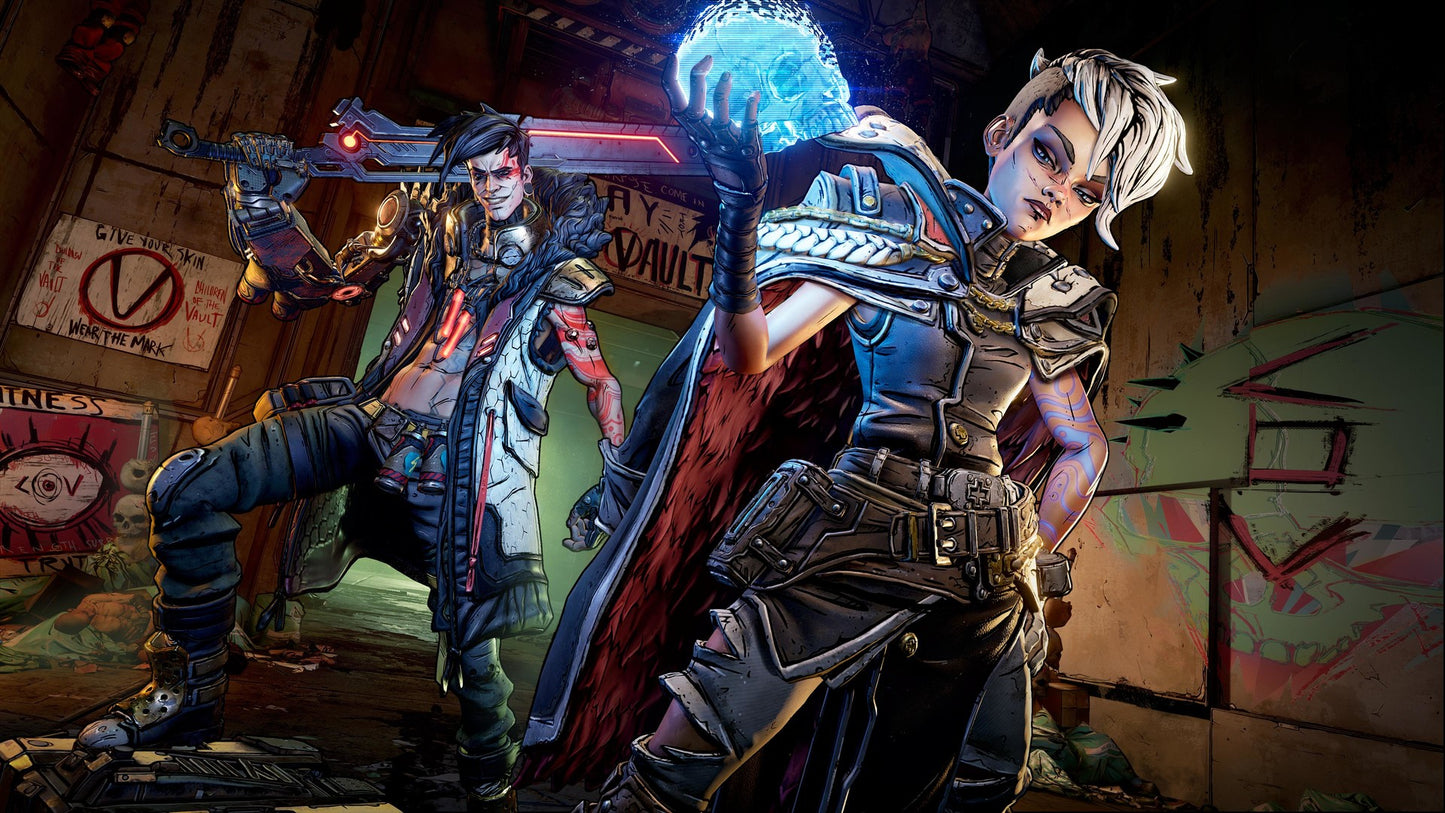 Two characters in a post-apocalyptic setting with graffiti on the wall.