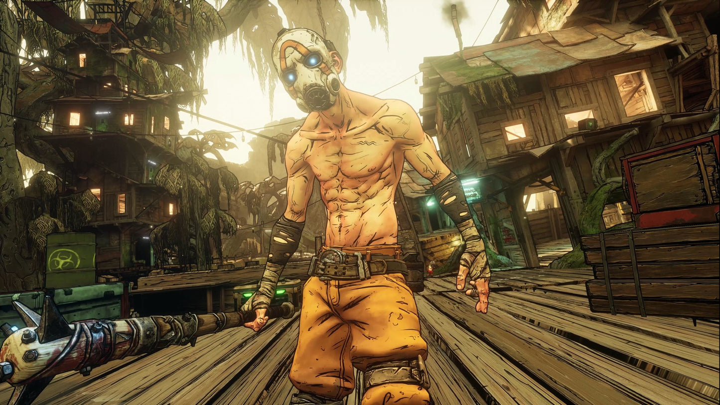 Character in a post-apocalyptic setting with a futuristic weapon and gas mask.