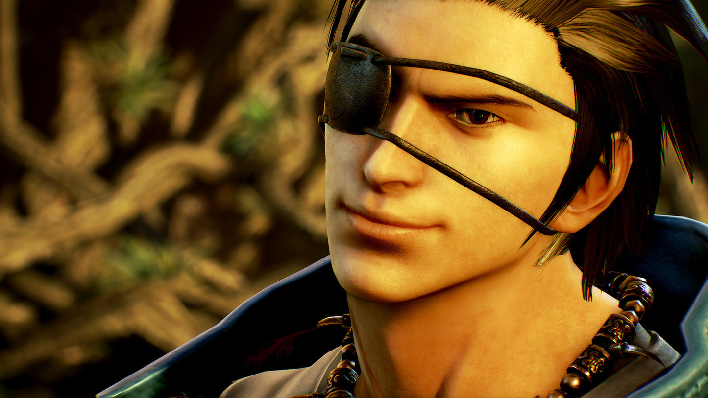 Close-up of a character with a eyepatch and braided hair against a blurred natural background